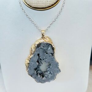 Silver Geode Druzy Agate Slice Pendant Extra large Vintage Gold Edge